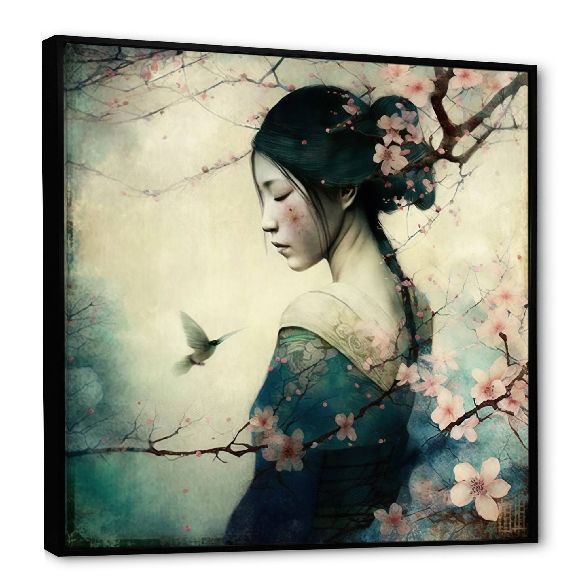 Designart "Vintage Japanese Woman With Cherry Blossoms" Asian Woman